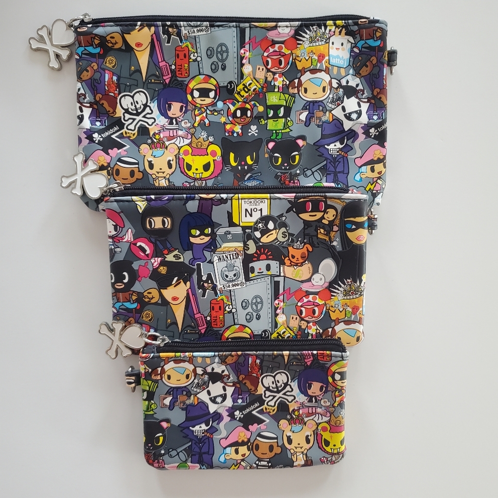 Vintage Collectable TOKIDOKI Robbery Crossbones Heart set of 3 Make-Up Bags
